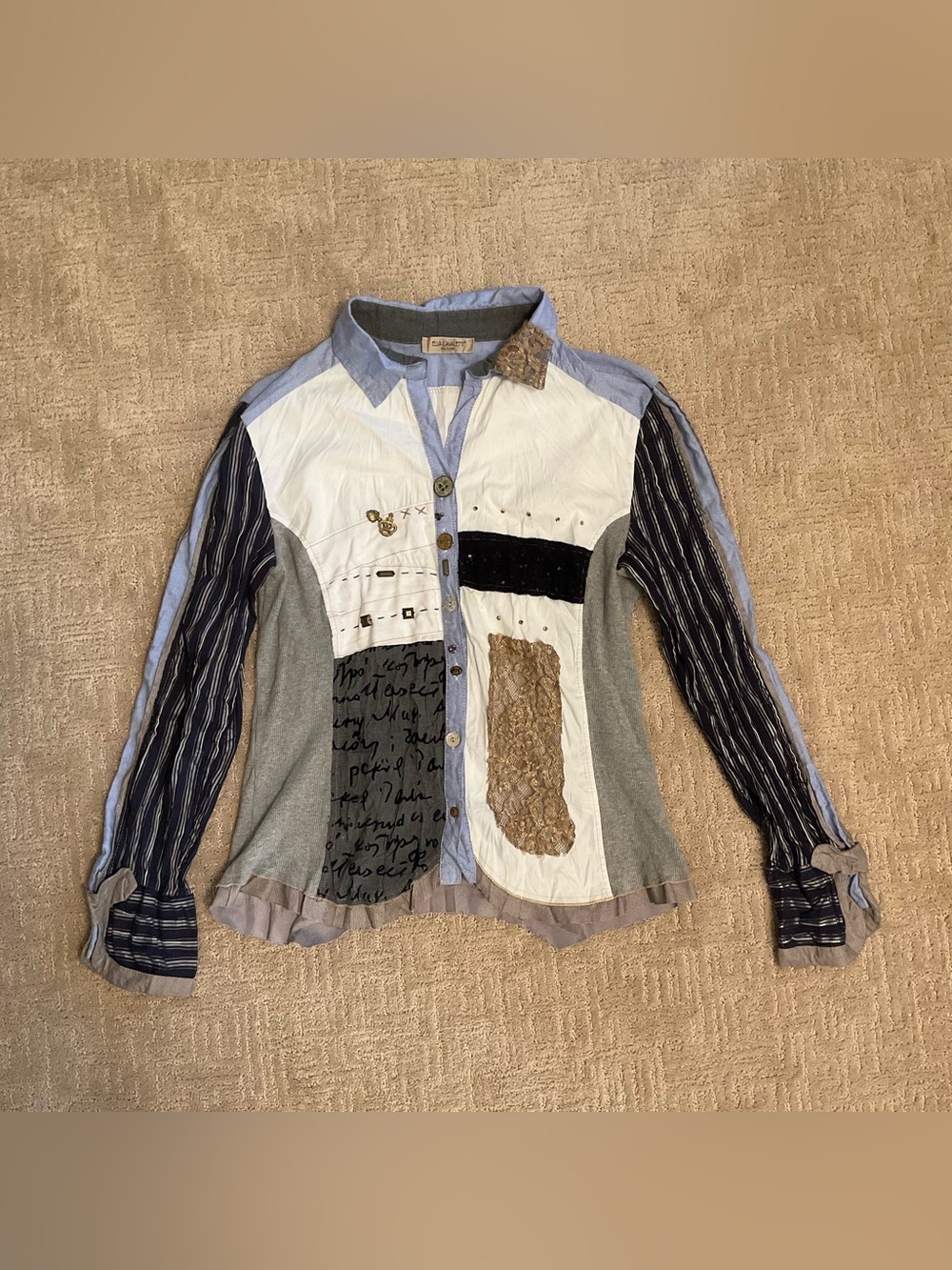 Elisa Cavaletti Patchwork Blouse M EUC Neutral Made in Italy Boho Art-to-Wear